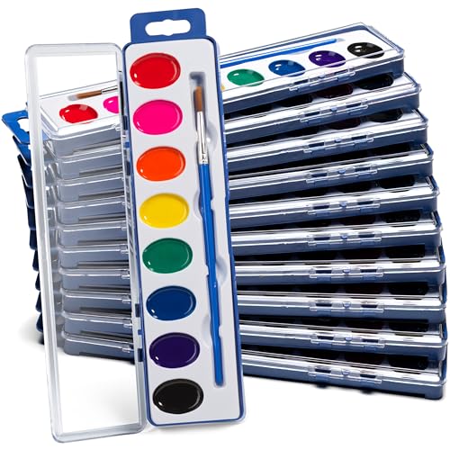 Watercolor Paint Sets for Kids - Bulk Pack, 8 Washable Water Color Paints in Palette Tray and Painting Brush for Coloring, Art, Party Favors, Classrooms and Paint Party Supplies